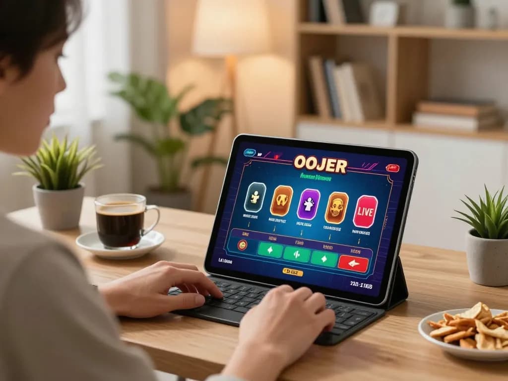 Luck8 player enjoying a live dealer casino game on tablet in a cozy home setup, analyzing bets.