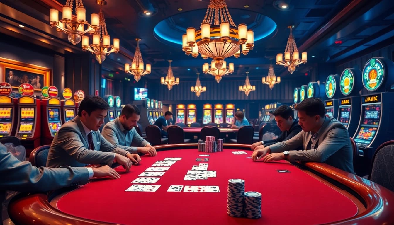 Experience the thrill of go88 gaming at a luxurious casino poker table with vibrant cards and chips.