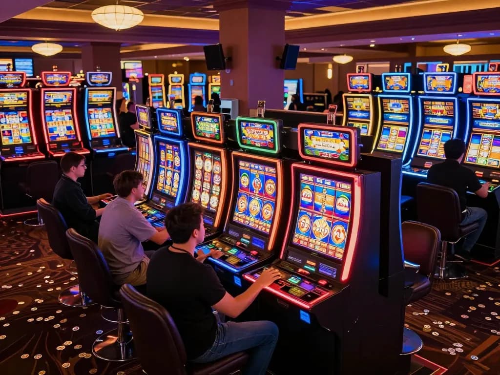 Players engaging with tx88 slot machines in a lively casino atmosphere, vibrant neon lights and excitement.