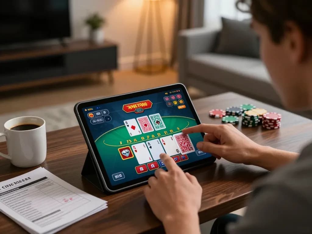 Player enjoying a strategic blackjack game on a tablet inside home, capturing sky88 online gaming experience