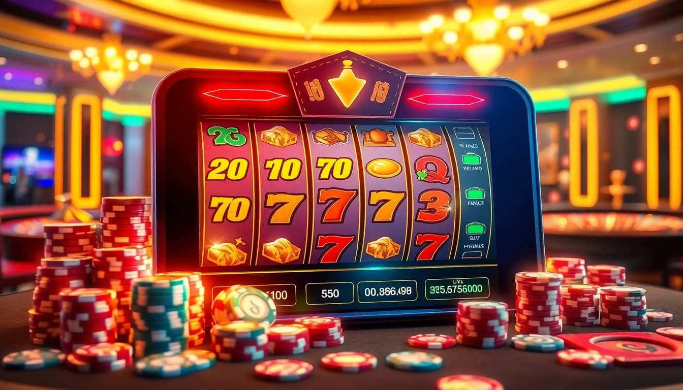 Strategically spinning reels in game nổ hũ slot with vibrant jackpot symbols and poker chips