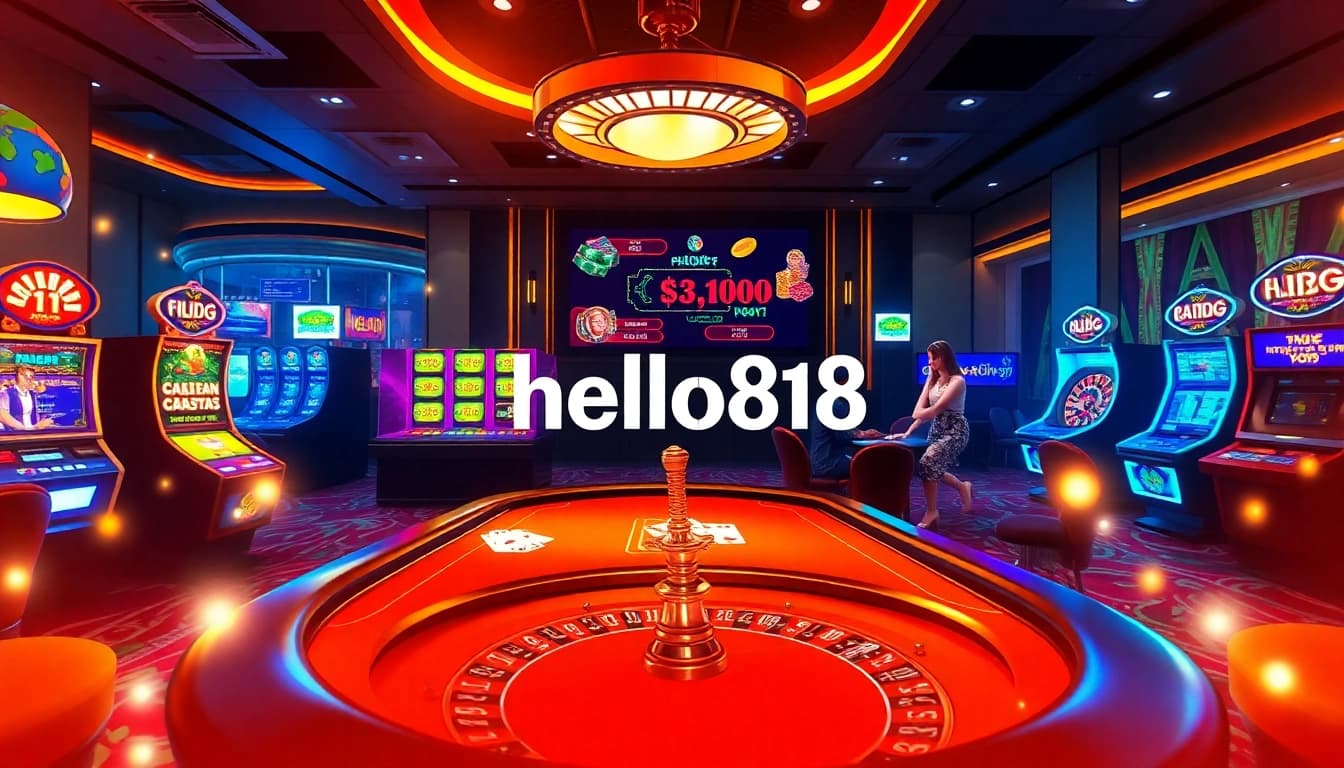 Experience the excitement of hello88 with a dynamic casino scene featuring poker and slot machines.