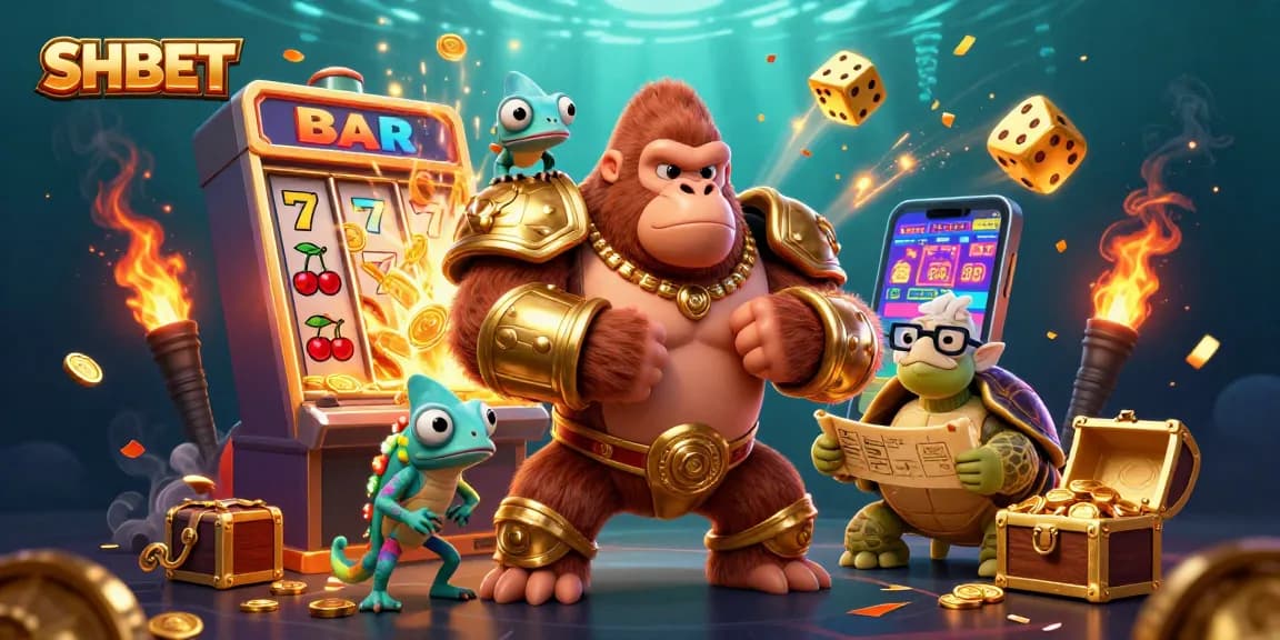 Experience the thrill of winning at SHBET with a powerful gorilla king, dynamic slots, and vibrant casino elements.