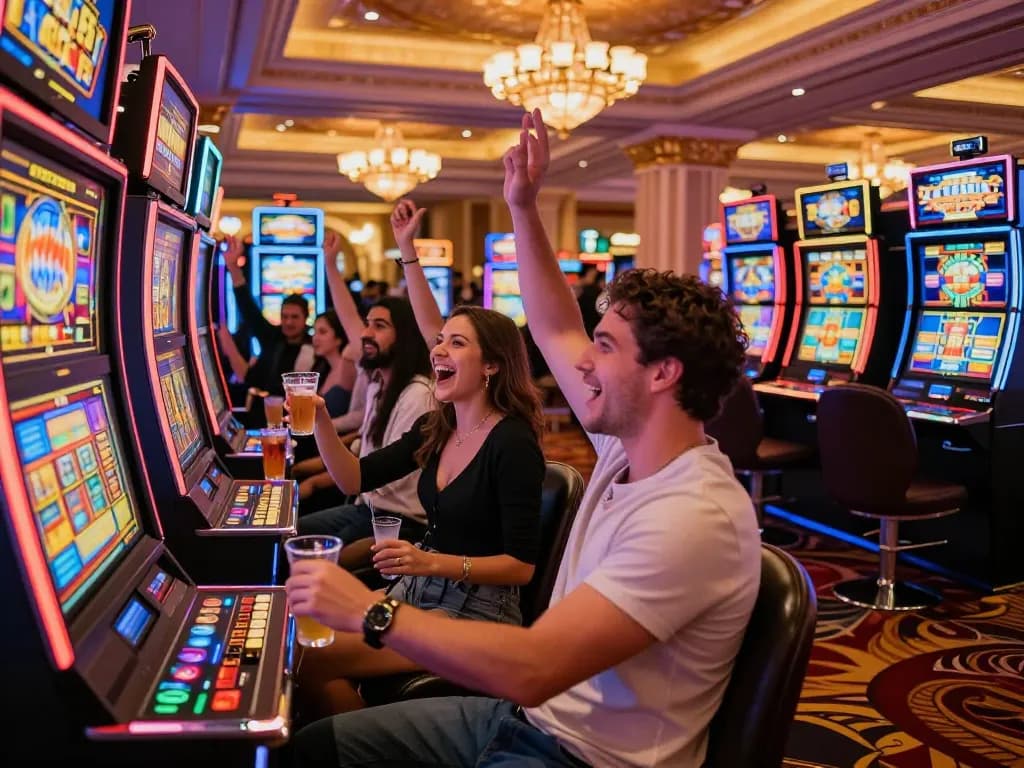 Teman-teman menikmati mesin slot link di kasino yang ramai.