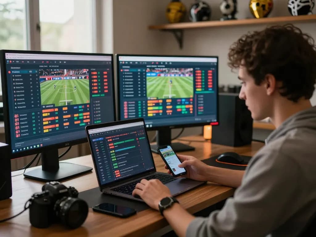 An engaged user at https://keonhacai5.mobi/ analyzes sports betting odds on multiple screens in a cozy home office.