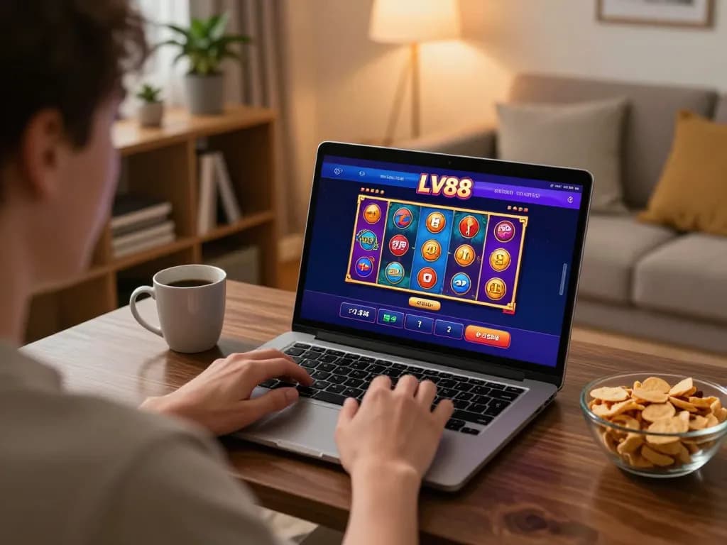 Player engaging with LV88 online casino games in a cozy home environment, showcasing enthusiasm and strategy.