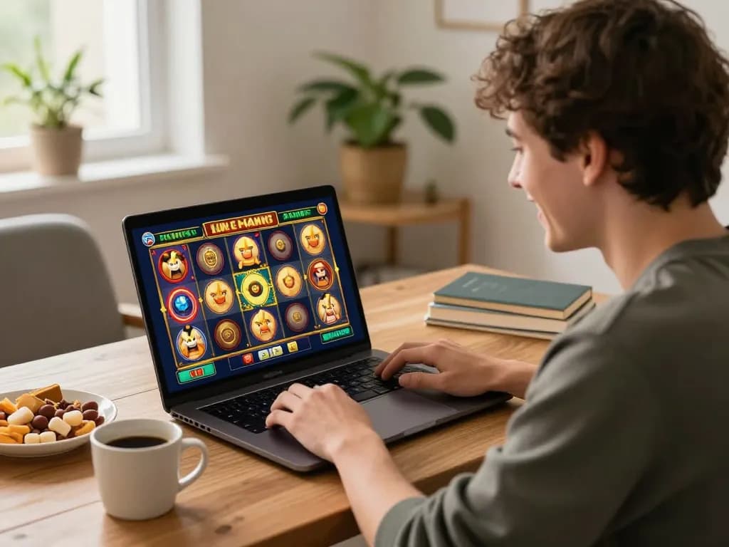 Player enjoying a thrilling slot game on their laptop using RUANGWD in a cozy home setting
