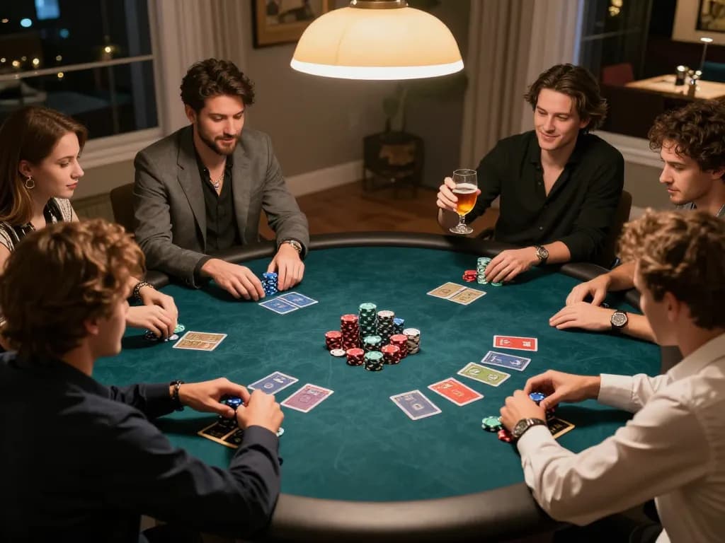 GO8 poker enthusiasts enjoying a high-stakes game night at home with friends, showcasing strategy and celebration