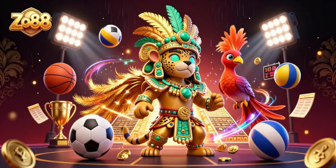 Experience Zo88's dynamic sports betting scene with vibrant characters, coins, and excitement.