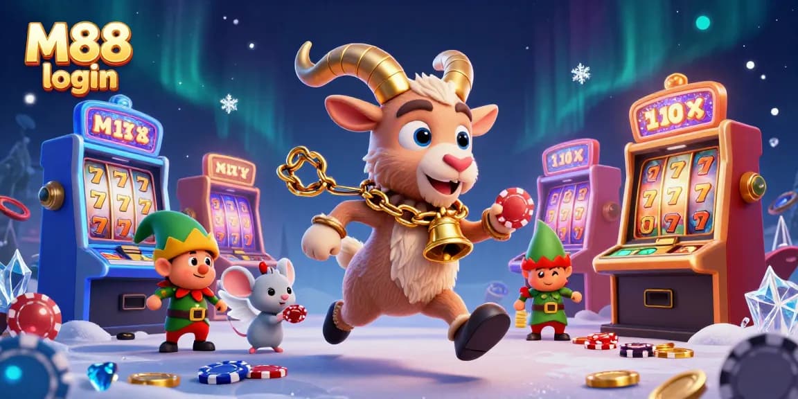 Experience excitement with M88 login at a dynamic casino scene featuring festive characters and vibrant gaming elements.