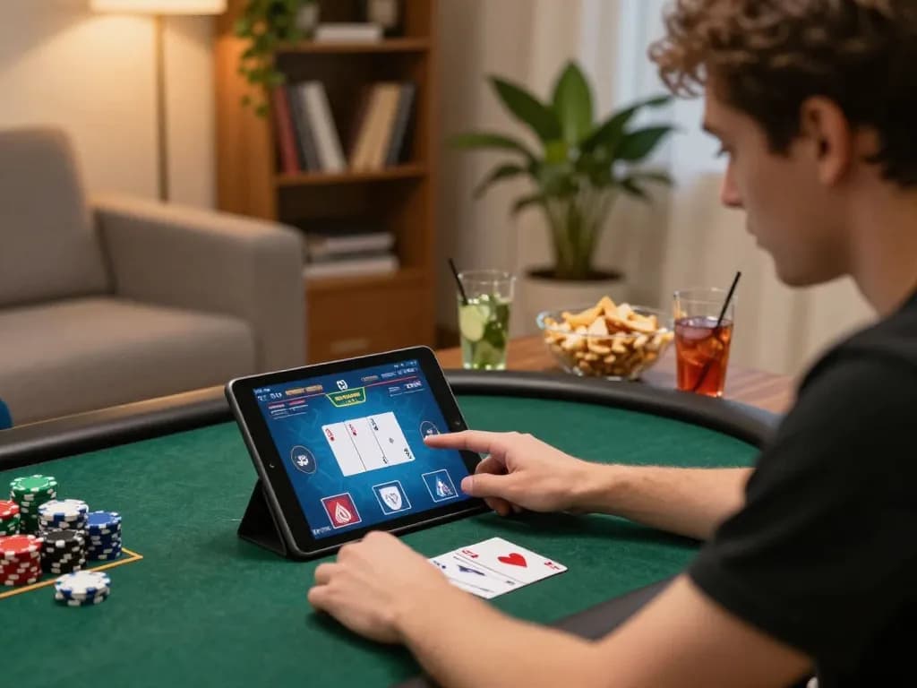 Player engaging with F8BET poker app on tablet, focused on strategy in a cozy home setup.