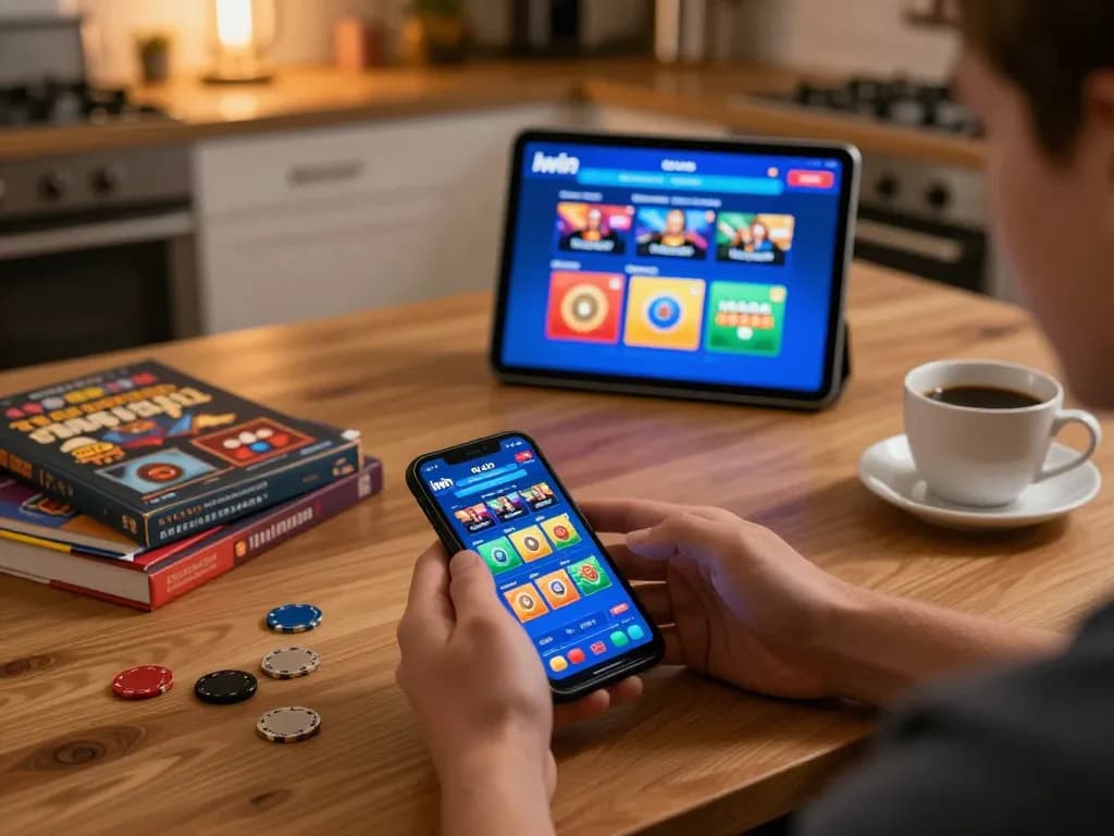 Engaged player exploring iwin club app on smartphone, surrounded by gaming strategy materials.