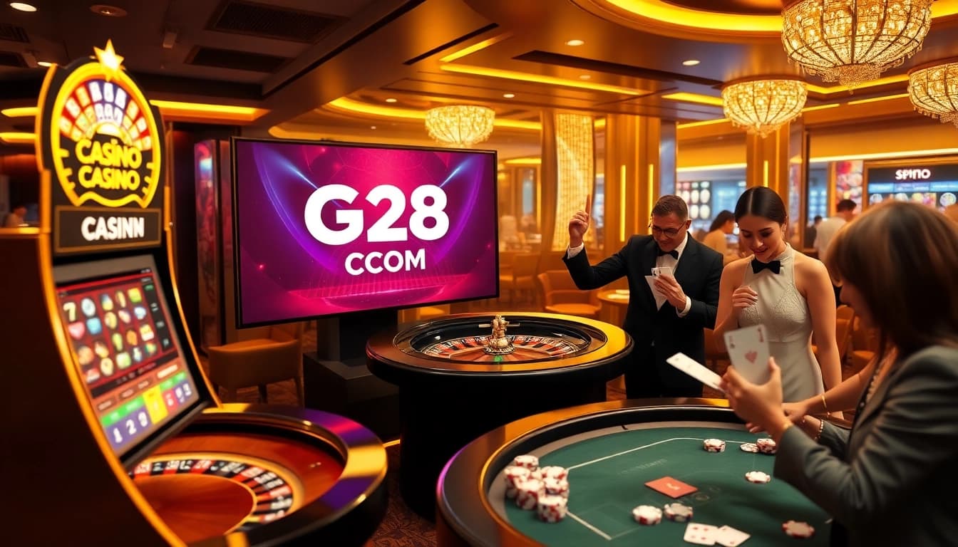 Gamblers enjoying G28 COM with engaging online casino visuals and vibrant game elements.