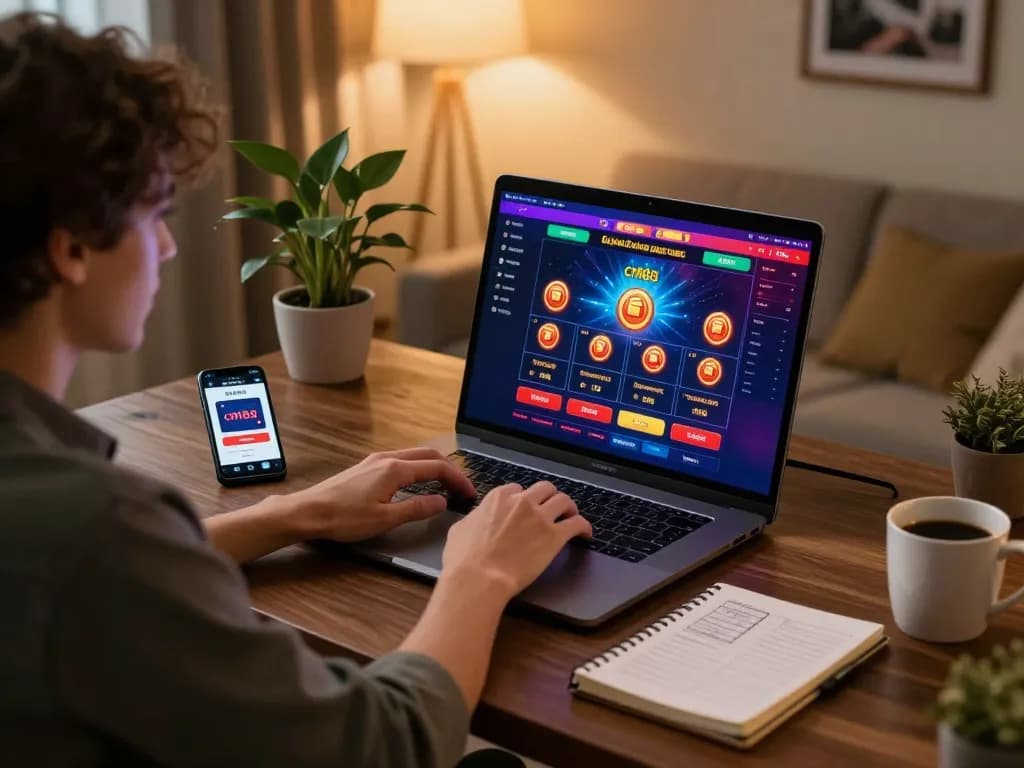 Experience online gaming with cm88 at home, featuring a cozy gaming setup and vibrant casino interface.