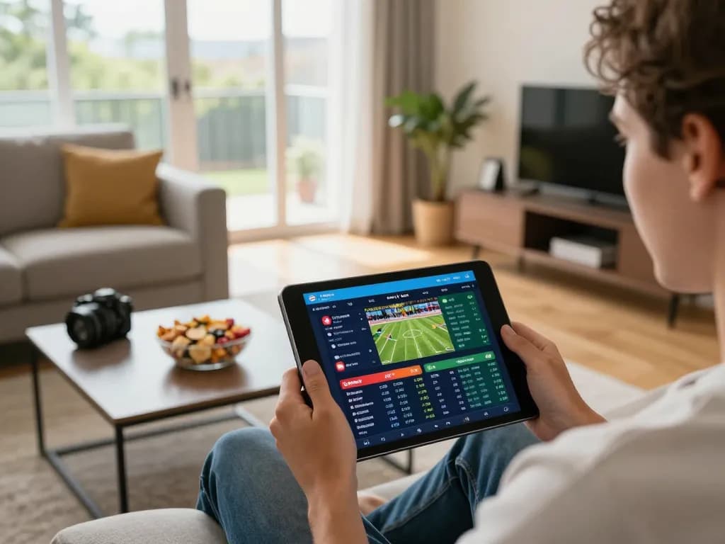 Engaging online sports betting scene with betmen138 app displayed on tablet during home gaming session.
