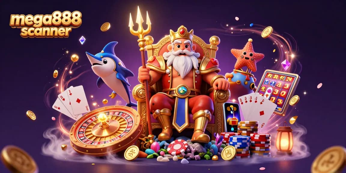 Experience the thrill of winning with the mega888 scanner amid vibrant casino scenes and animated characters.