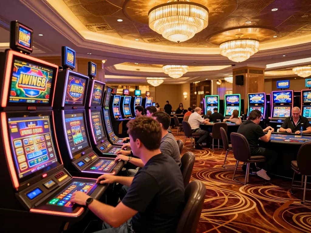 IWIN68 players engaging with vibrant slot machines surrounded by luxury casino ambiance