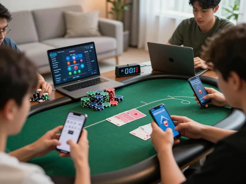 Players engage in an online poker game on dinamit4d, showcasing strategy with chips organized and cards visible.