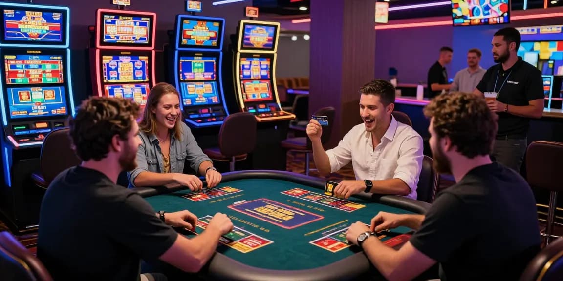 Engaged players at casinos that accept credit cards, enjoying vibrant gaming experiences with neon lights and dynamic atmosphere.