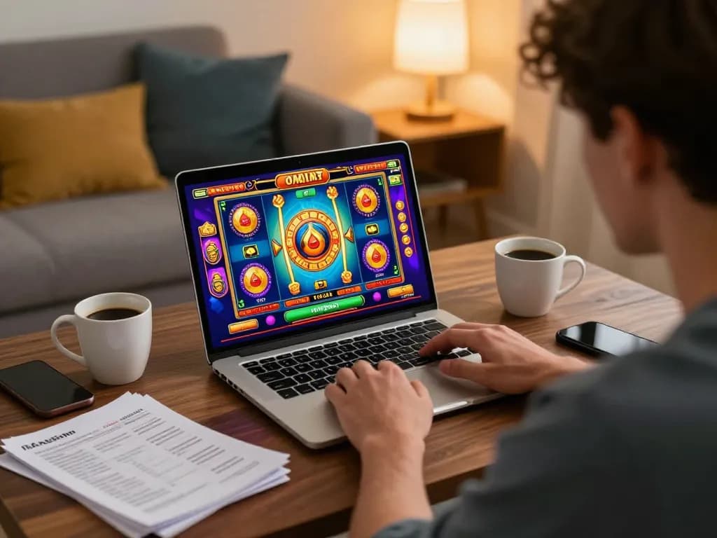 Engaging online USA casinos gaming scene, player focused on vibrant slot game interface from home.