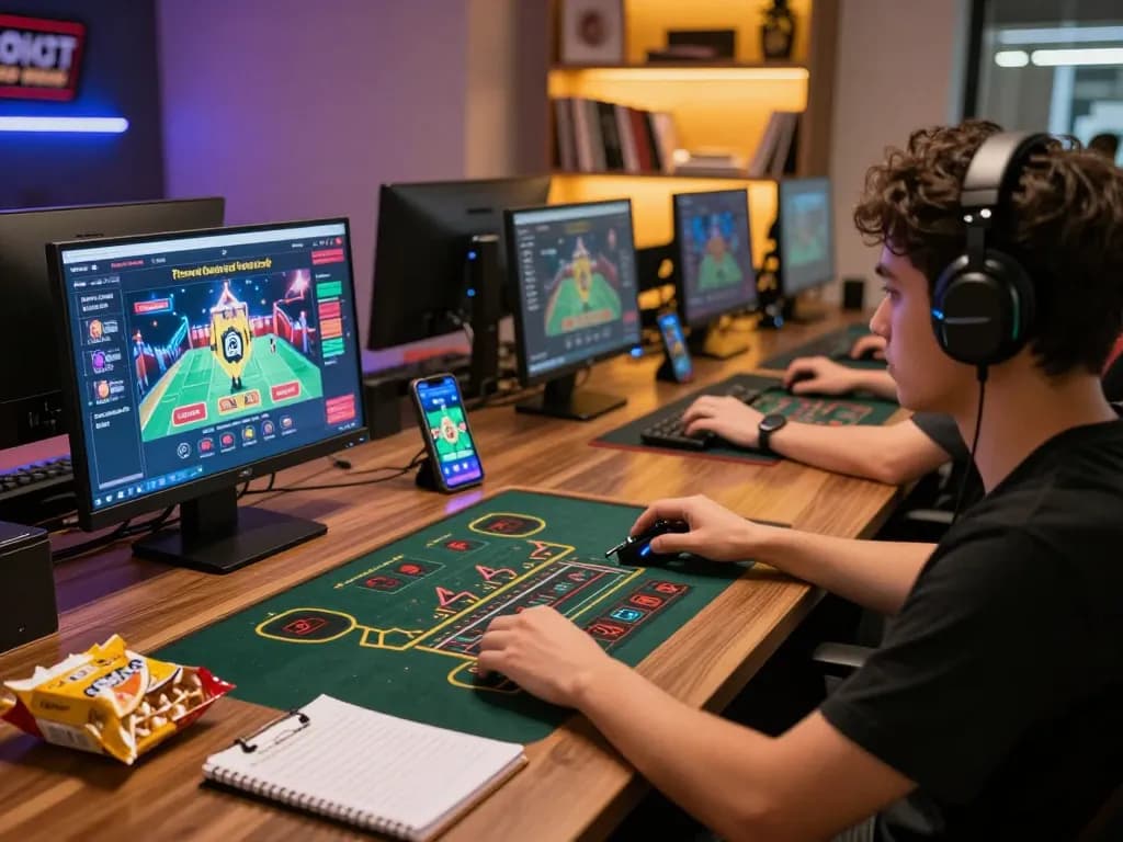 Player engaging in situs toto gameplay on a modern laptop, showcasing live dealer interface, snacks on the side.