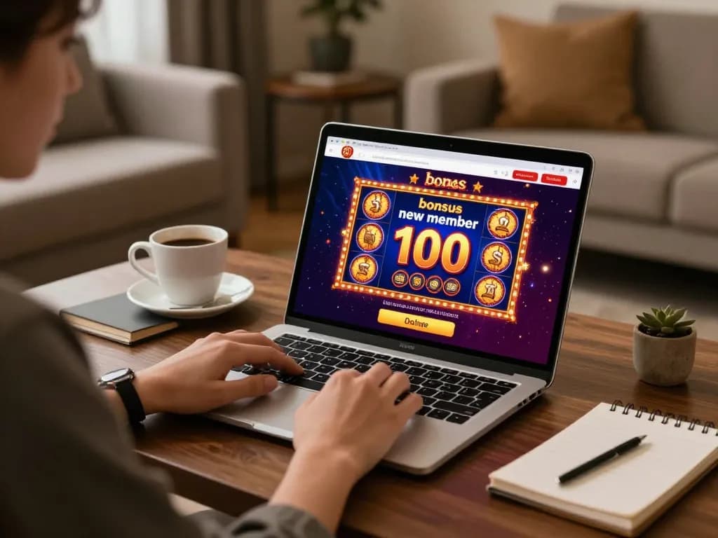 Playing online slots with bonus new member 100 at a modern workspace, showcasing gaming strategy and comfort.