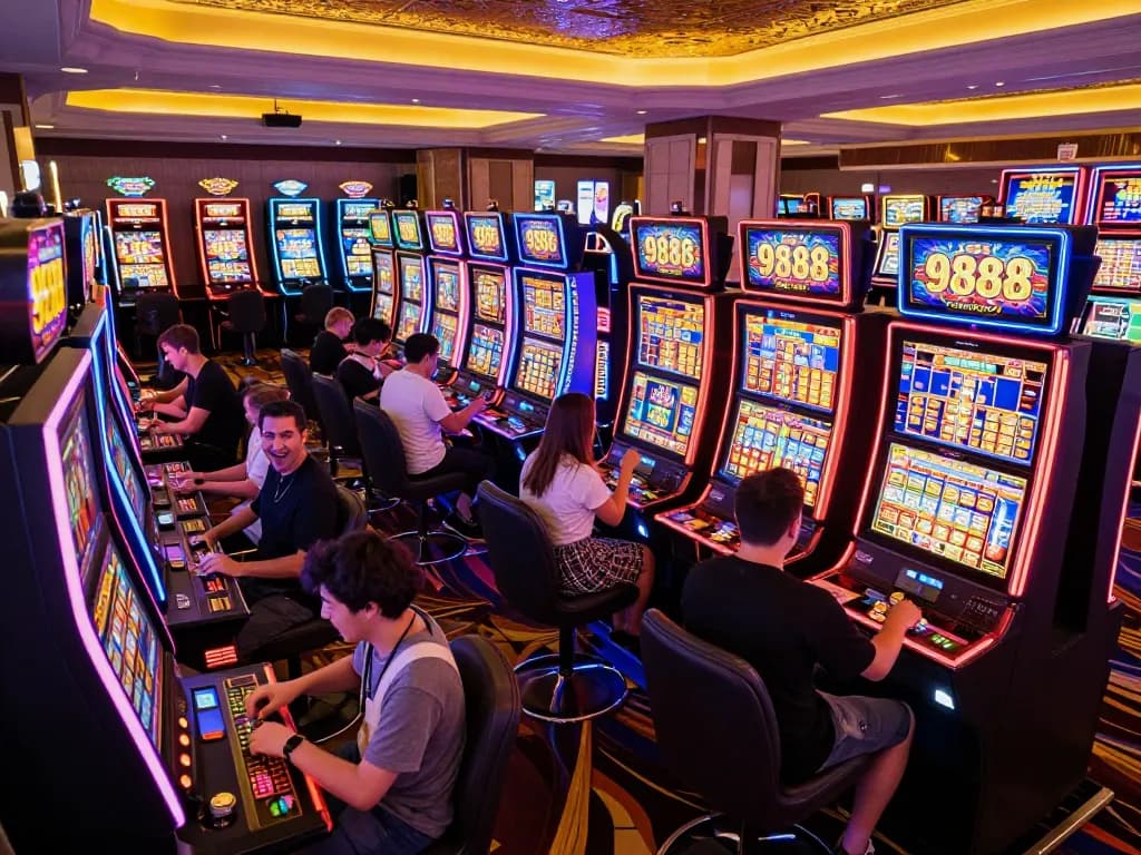 Players excitedly engaging with colorful 988slot machines in a lively casino atmosphere