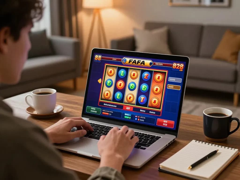 Player engaging in FAFA 828 gaming session using a laptop, vibrant slot games in view.