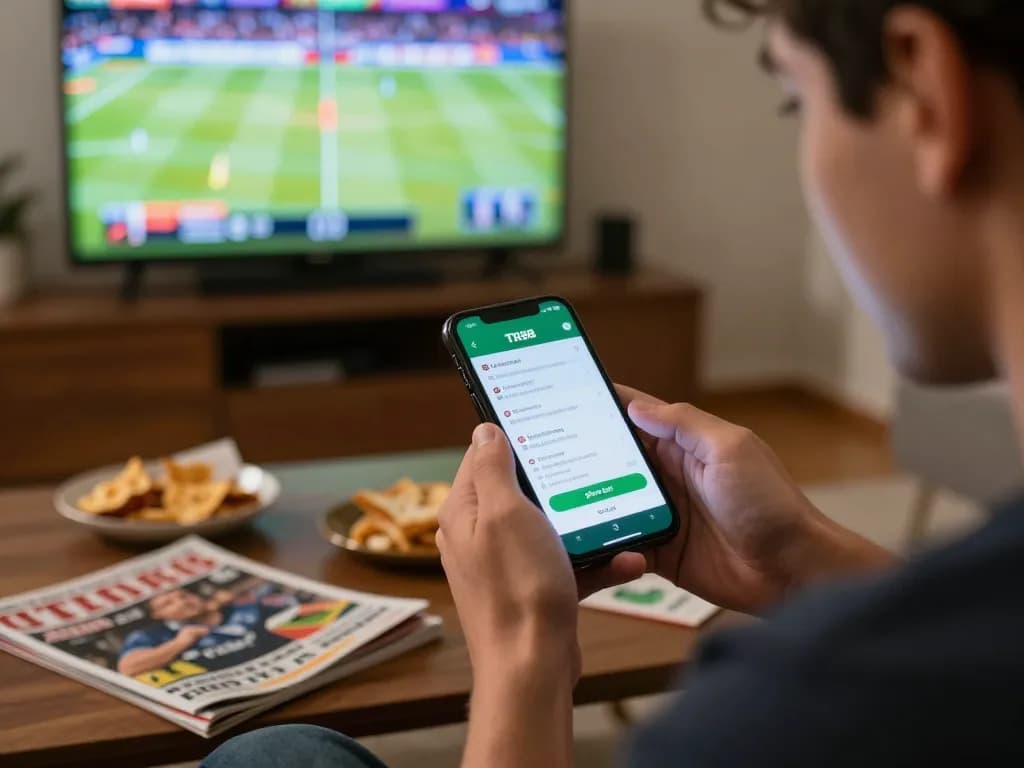 Person placing bets on TR88 app during live sports event at home