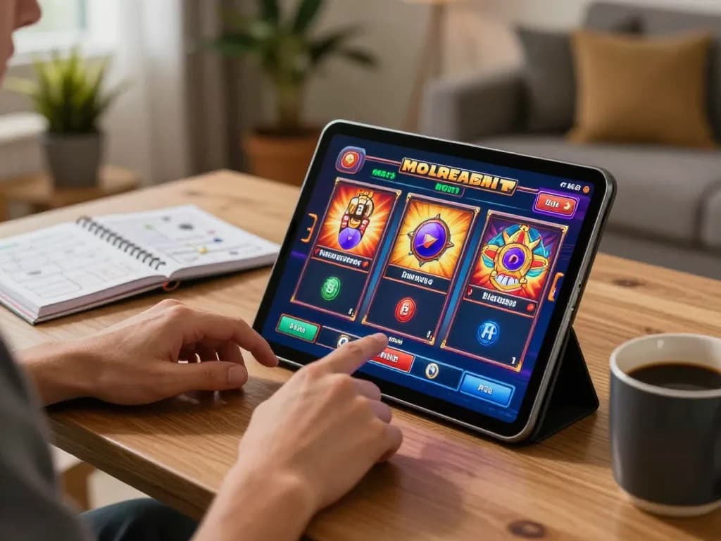 Player enjoying online slots at home with 98win, showcasing mobile gaming excitement.