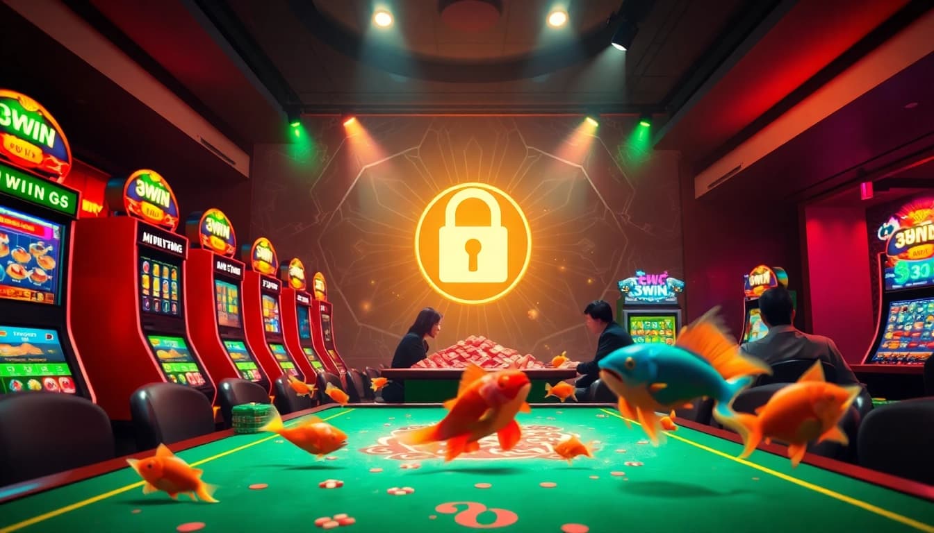 3WIN gaming scene showcasing vibrant casino atmosphere with players enjoying Mậu Binh and bắn cá.