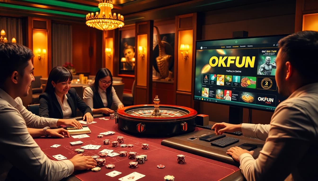 Experience excitement at OKFUN's casino, where players engage with poker chips and cards.