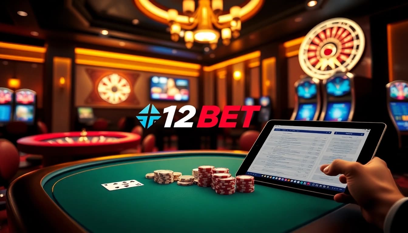 Experience thrilling gameplay at 12BET with vibrant casino visuals featuring roulette, poker, and slot machines.