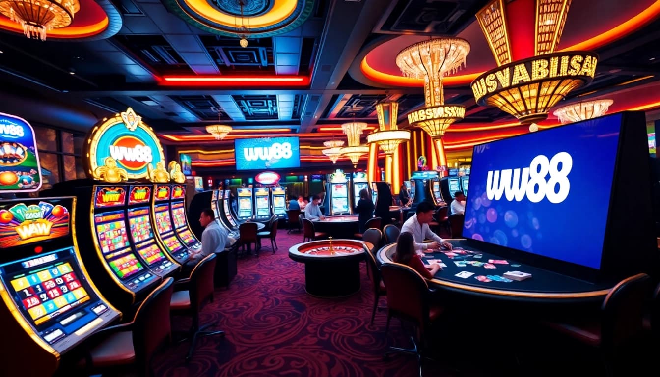 Engaging gameplay at ww88 showcasing a lively casino scene with vibrant slot machines and poker tables.