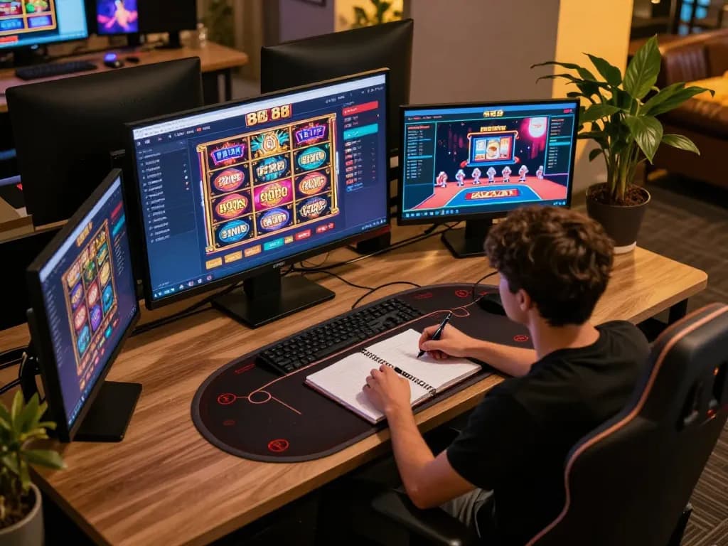 Engaged player strategizing while exploring open 88 casino platform with multiple screens and personalized gaming setup.