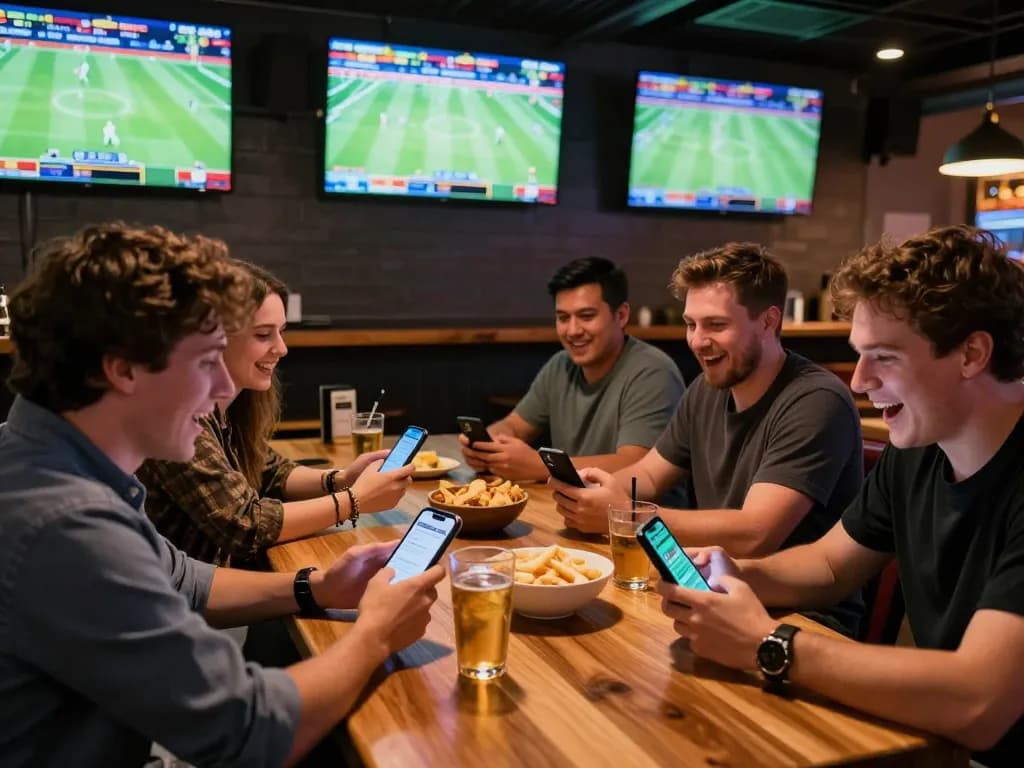 Tỷ lệ kèo trực tuyến engagement at a sports betting bar with friends placing live bets