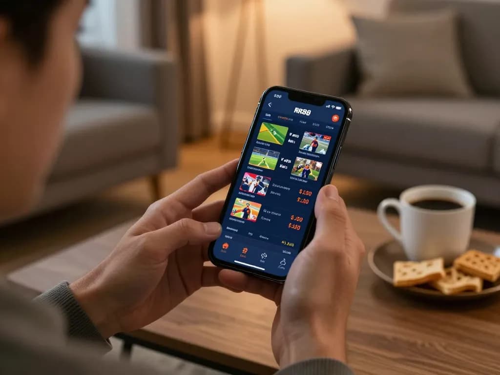 Engaged player using RR88 KJC app for live sports betting in comfortable home setting.