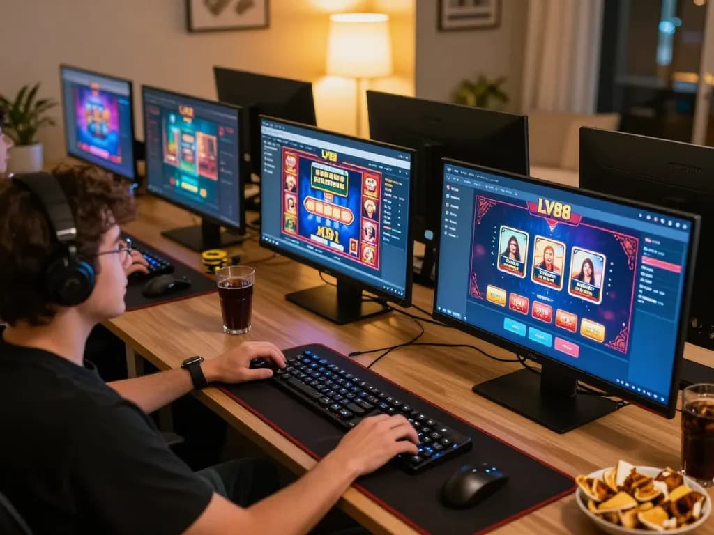 Engaging in online gaming at LV88SEO with multiple screens for a strategic advantage.