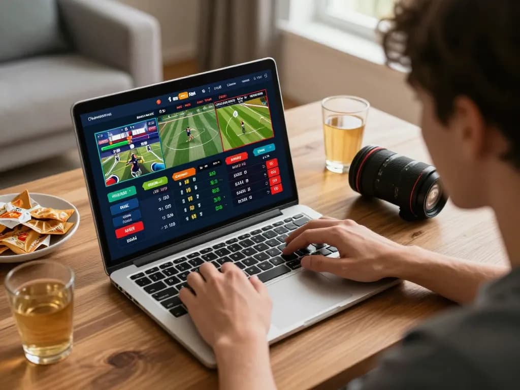 Engaging sports betting moment at ku88, showcasing a laptop with vibrant odds and events in a cozy home setting.