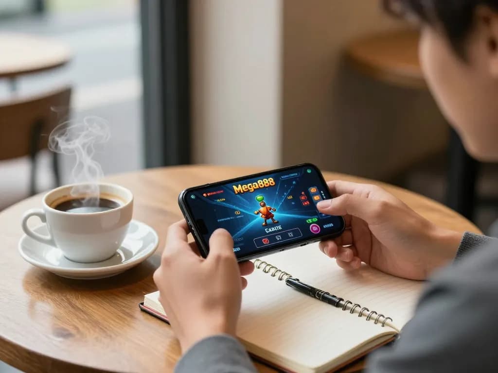 Mega888 Game being played on a smartphone at a café, showcasing an engaging mobile gaming experience.