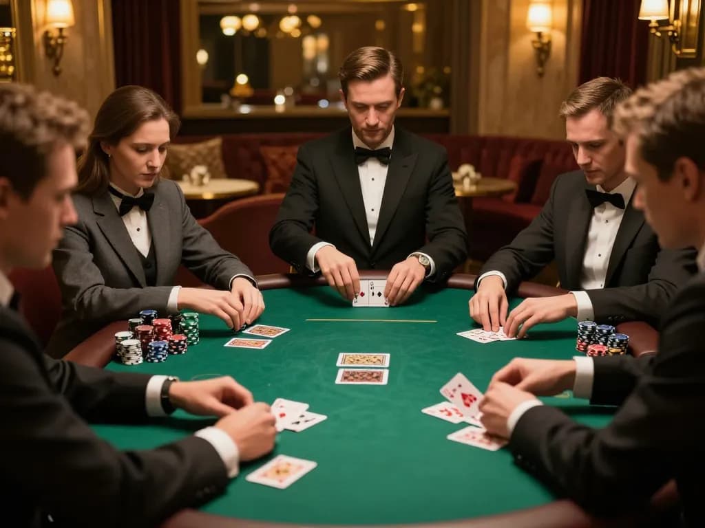 Players engrossed in a high-stakes poker game at 78win's exclusive VIP lounge, showcasing intense strategy.
