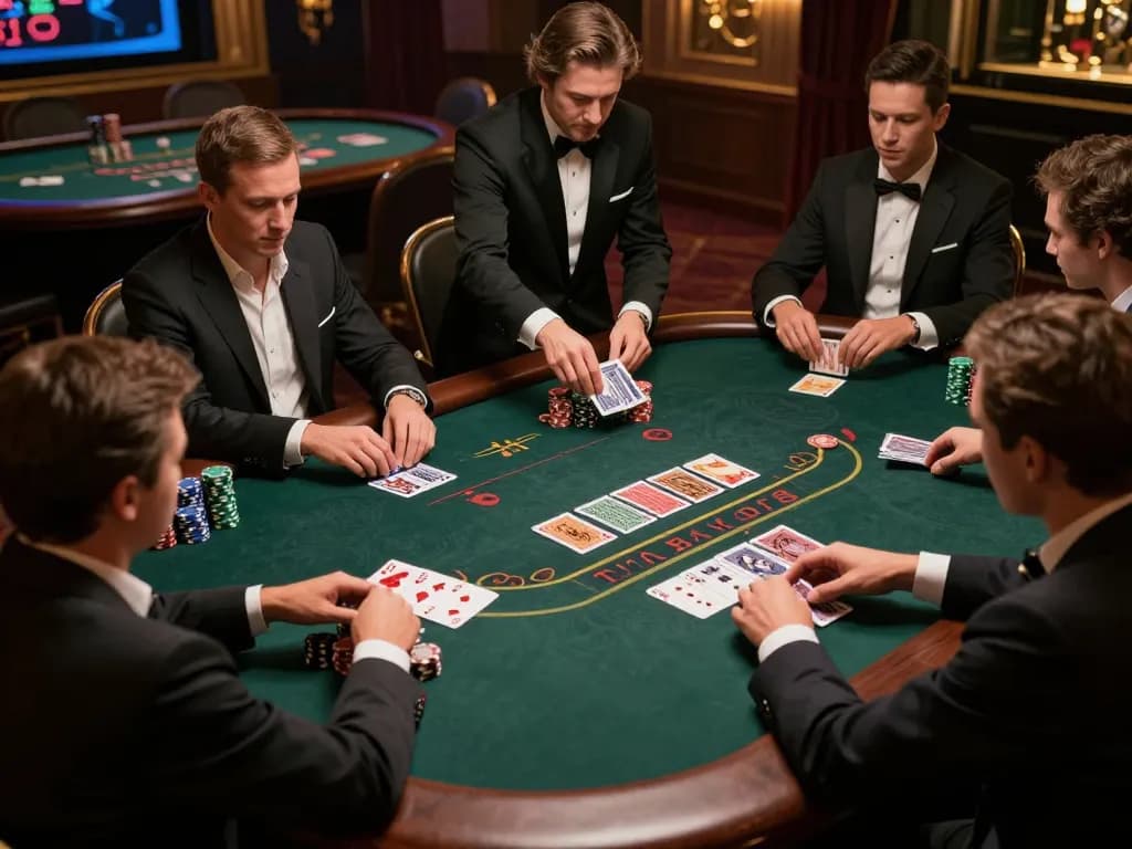 Players engaged in a riveting blackjack game at a luxury casino with chips and cards, featuring dinamit4d