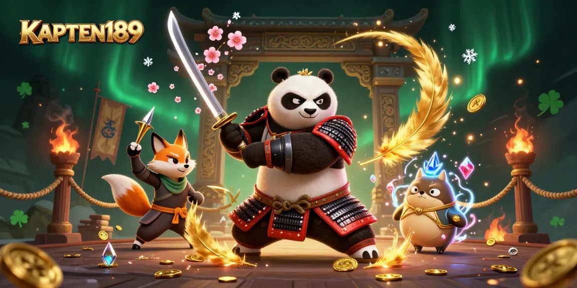 KAPTEN189 menampilkan ilustrasi kasino dengan panda samurai dan ruang tempur yang kaya detail.
