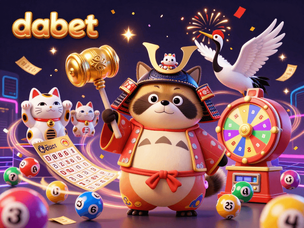 dabet features a vibrant 3D illustration of a cheerful tanuki with fortune cats amidst lottery elements.