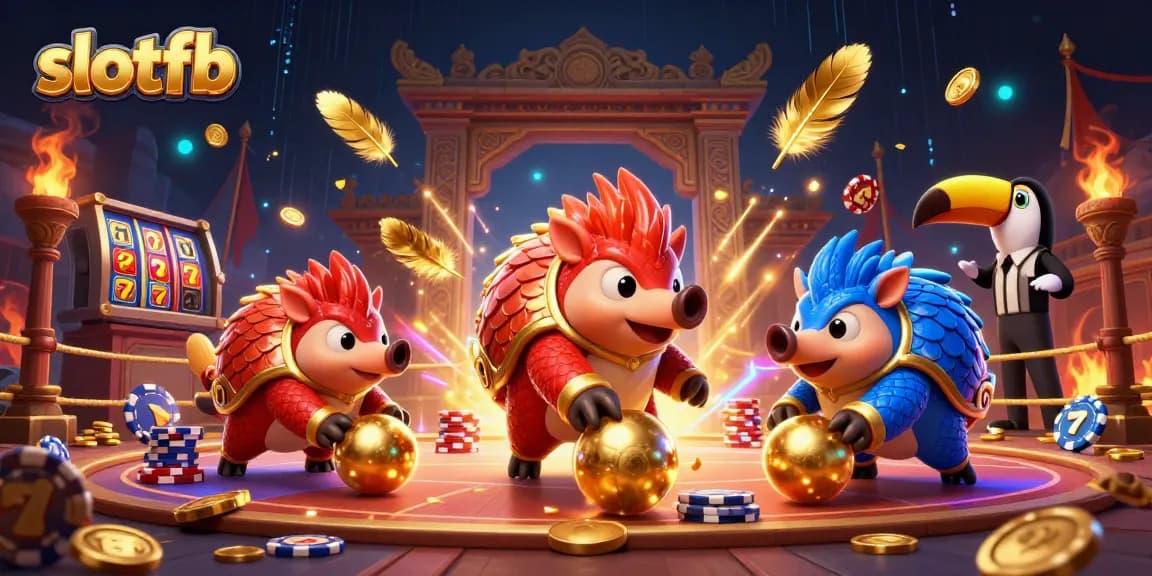Membowling chip poker dengan slotfb, dua pangolin berarmor melawan dalam arena bermain yang berwarna cerah.