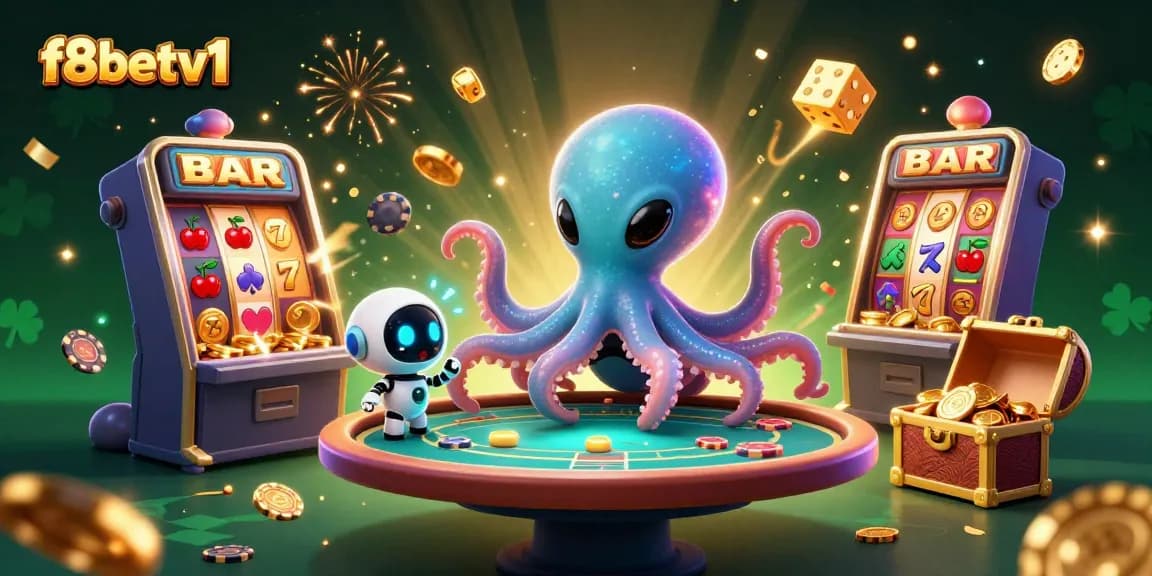 Engage with interactive gaming at f8betv1 featuring an alien octopus managing a holographic poker table and dynamic casino elements.
