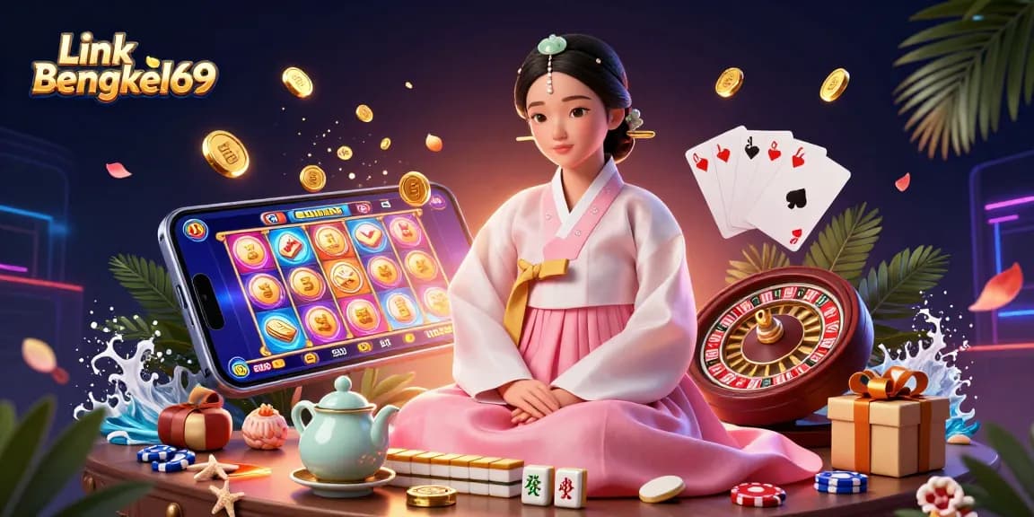 Play slots with Link Bengkel69 in a vibrant scene featuring a serene beautiful woman and dynamic gambling elements.