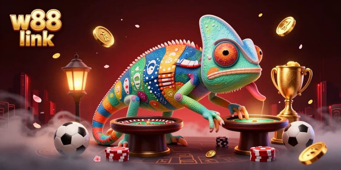 Experience thrilling wins with the w88 link, featuring vibrant casino elements and a dynamic chameleon.