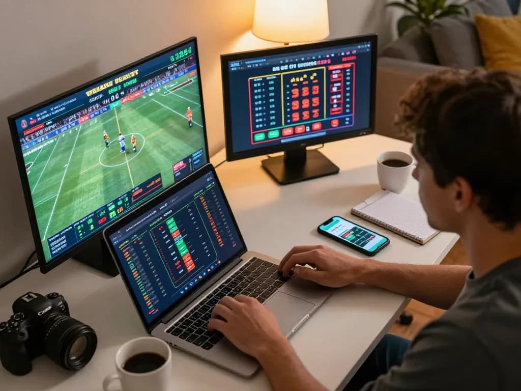 Placing strategic bets on ok365 with live sports displayed on multiple screens, showcasing a dynamic betting environment.
