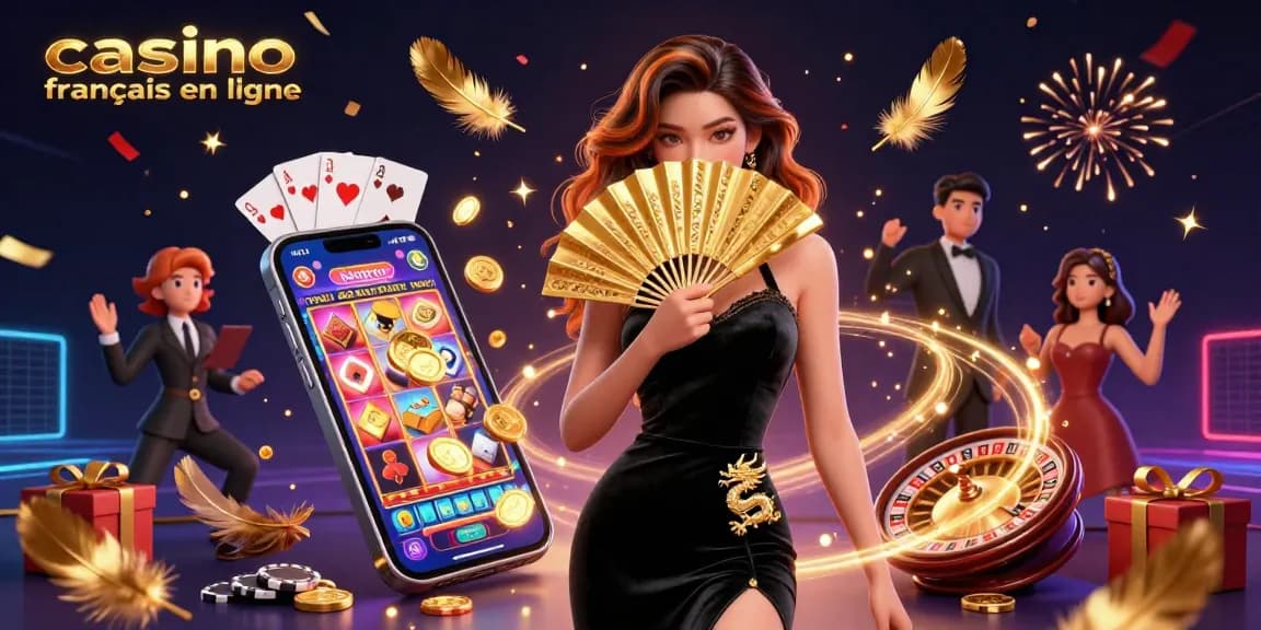 Découvrez l'excitation du casino français en ligne avec une superbe illustration 3D mettant en avant des éléments de jeu dynamiques.